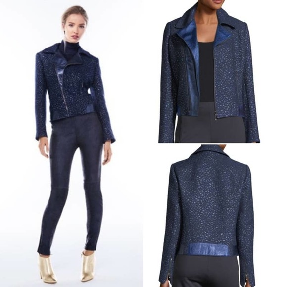 New! Elie Tahari Metallic Leather & Wool Glitter Moto Jacket Blue NWT Sz 10 - Picture 1 of 12